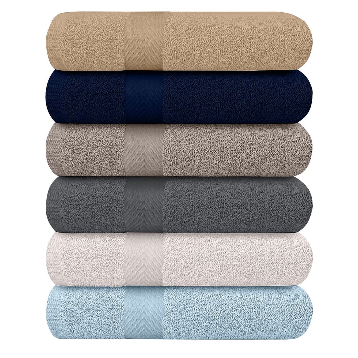 KAHAF Collection 6Pack Bath Towels Lightweight Extra Absorbent 100 Cotton Shower towels Multi 27 inchesx54 inches