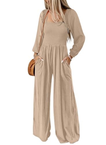 Dokotoo Womens Casual Loose Overalls One Piece Long Sleeve Jumpsuits for Women Stretchy Wide Leg Long Pant Rompers Jumpsuit with Pockets 2025 Small Apricot