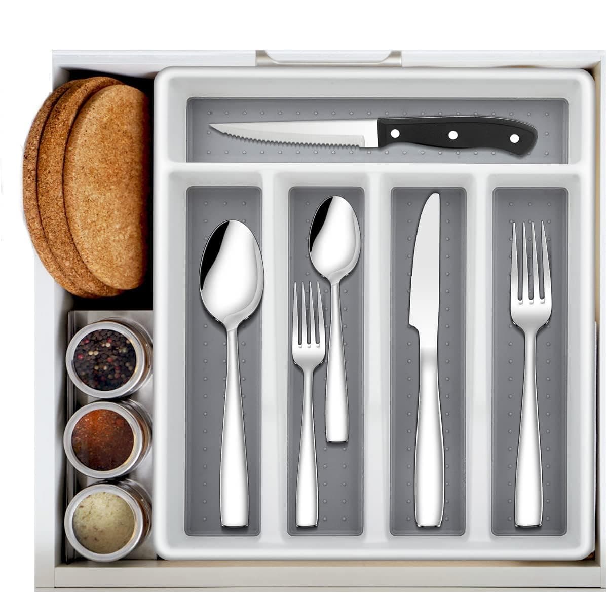 LIANYU 24Piece 1810 Silverware Set with Steak Knives and Drawer Organizer Stainless Steel Flatware Set Service for 4 Cutlery Eating Utensils for Home Kitchen Entertaining Mirror Polished