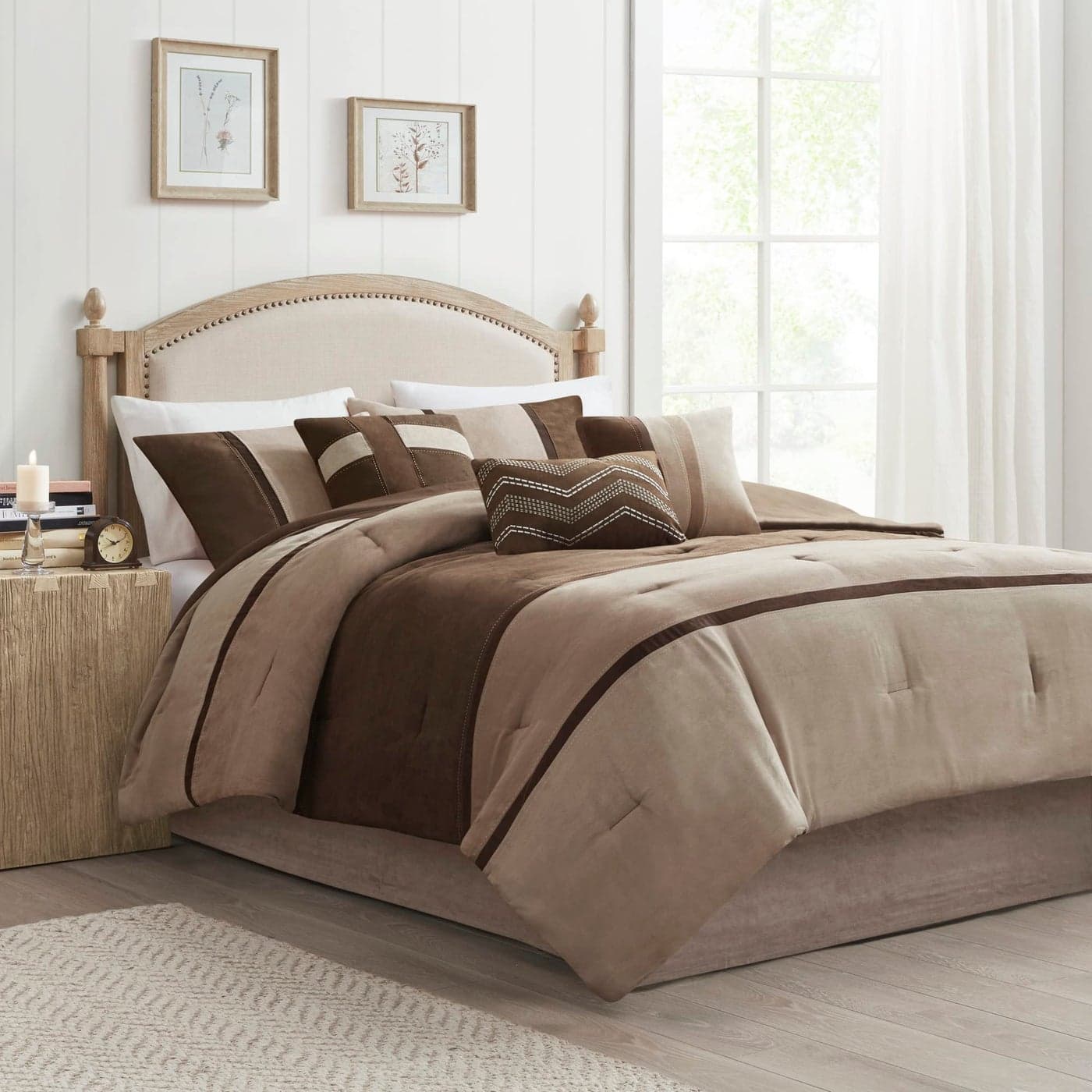 Madison Park Palisades Comforter Set Modern Faux Suede Pieced Stripe Design All Season Down Alternative Cozy Bedding with Matching Shams Decorative Pillows King104x92 Brown 7 Piece