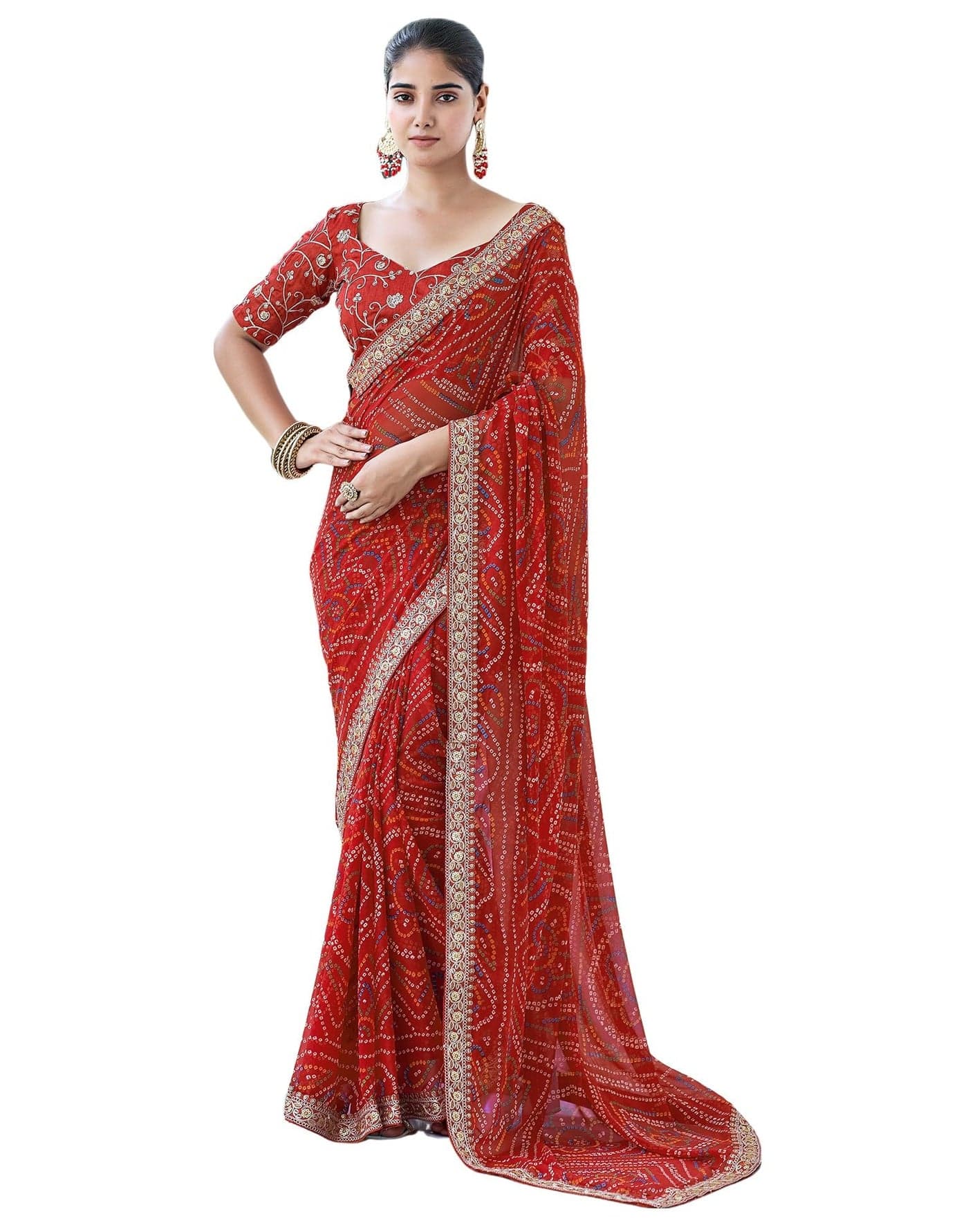 SIRIL Women's Georgette Bandhani Printed Saree With Unstitched Blouse Piece (3667S2547_Red2)