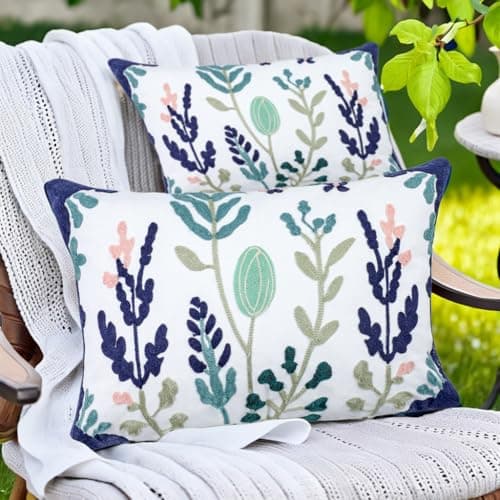 KITTMIN Green and Blue Throw Pillow Covers,12x20 Floral Embroidered Farmhouse Decor Lumbar Pillows, Set of 2 Cozy Boho Accent Cushion Case for Couch & Sofa, Home Decorative Pillow Cases for Bed Room