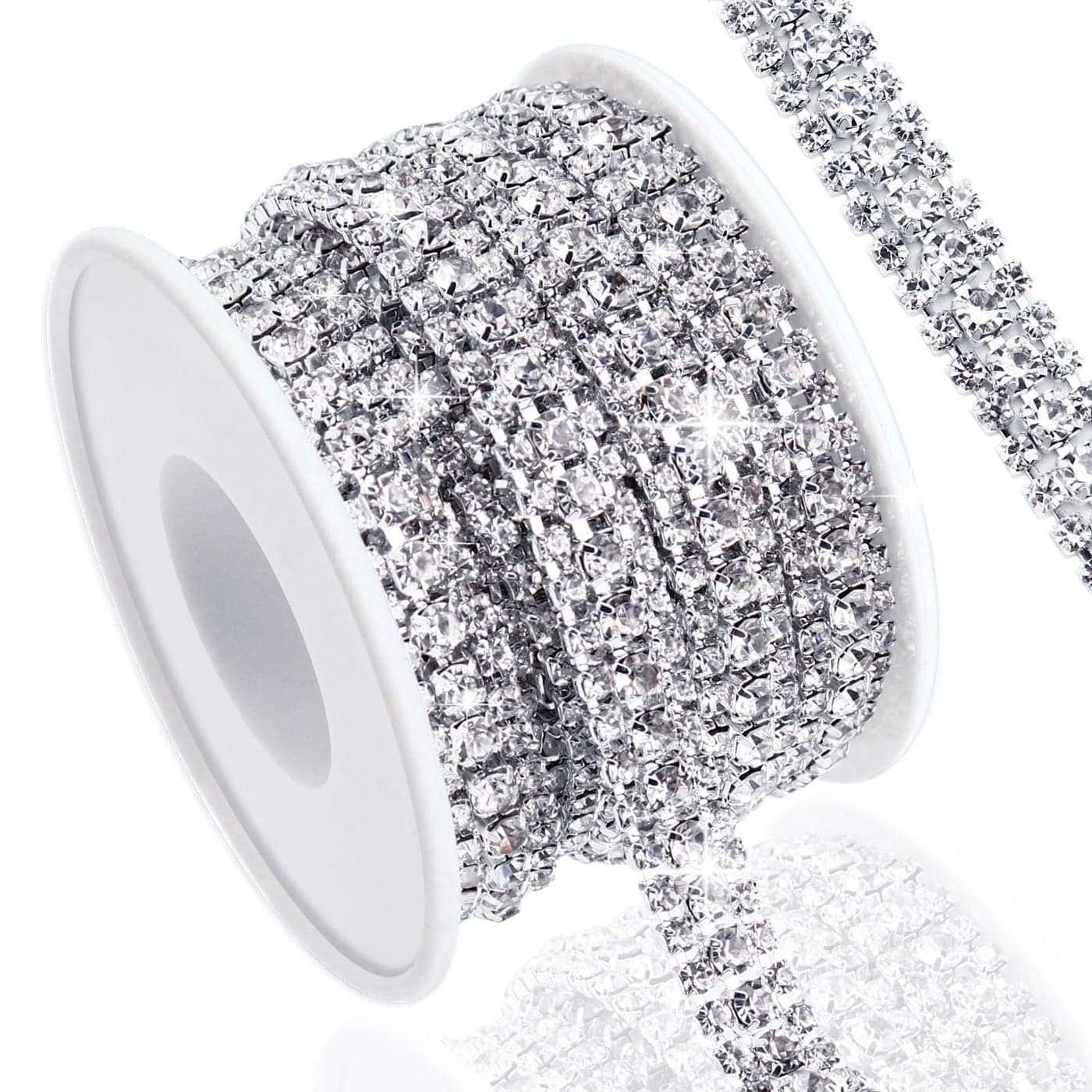 Towenm 3 Yards 3 Rows Crystal Rhinestone Chain Trim for Crafts Silver Crystal Rhinestone Close Chain for Jewelry Making Wedding Cake Bouquet Clothes DIY Crocs Cups Rhinestone Sewing Trim