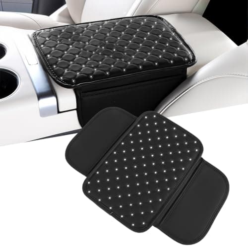 STHIRA® 2 In 1 Car Arm Rest Multipurpose Center Console Car Arm Rest Cushion With Storage Pouch Fashion Pu Arm Rest Cushion For Car Rhinestone Embellishment Quilting Car Hand Rest Pad, 30x20cm