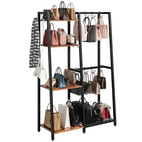 HavenlyYouth Purse Storage Organizer for Closet, 4-Tier Iron Wood Purse Rack, 8 Purse Hooks & 2 Side Hooks for Bag Organizer, Large Capacity Handbag Storage Rack for Home, Living Room