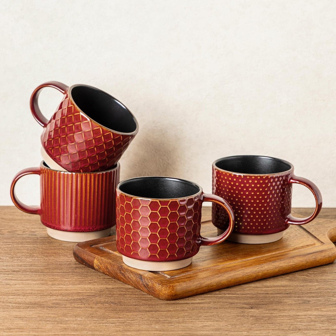 GBHOME 12 OZ Stackable Coffee Mugs Ceramic Coffee Cups with Texture Patterns for ManWomanDadMom Modern Coffee Mugs Set of 4 for LatteCappuccinoCocoa DishwasherMicrowave Safe Red