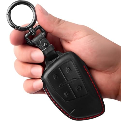 Tukellen Genuine Leather Key Fob Cover Smart Key Holder Sleeve Fit for 2021-2026 Chevy Chevrolet Colorado Equinox Silverado GMC Canyon Sierra Terrain Yukon Denali Suburban Tahoe Buick-Black(Red line)