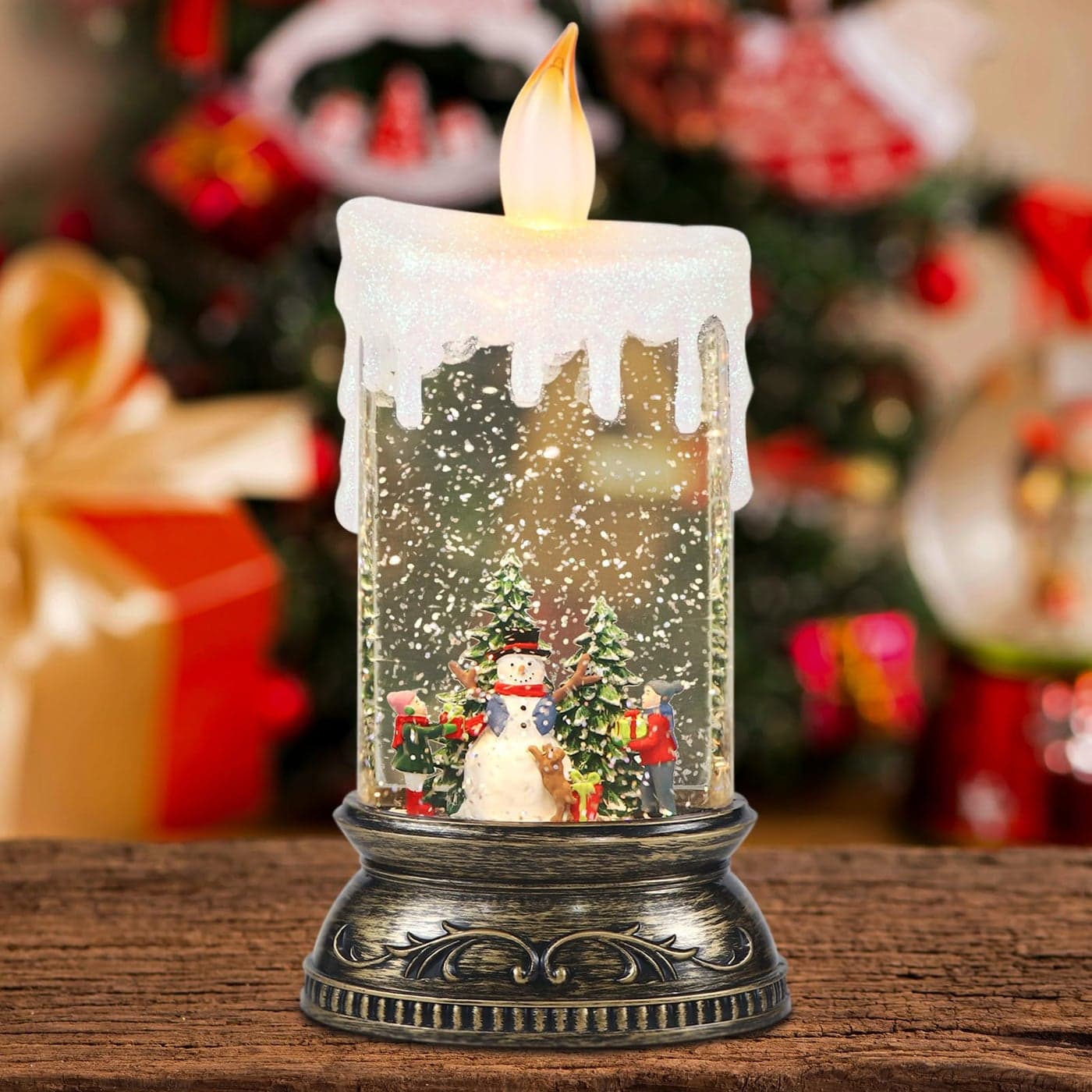 GenSwin Christmas Snow Globe Candle Swirling Glittering Candle with Timer Music Snowman and Kids Scene Winter Snow Shaped Lantern USBBattery Operated Candles for Christmas Decor
