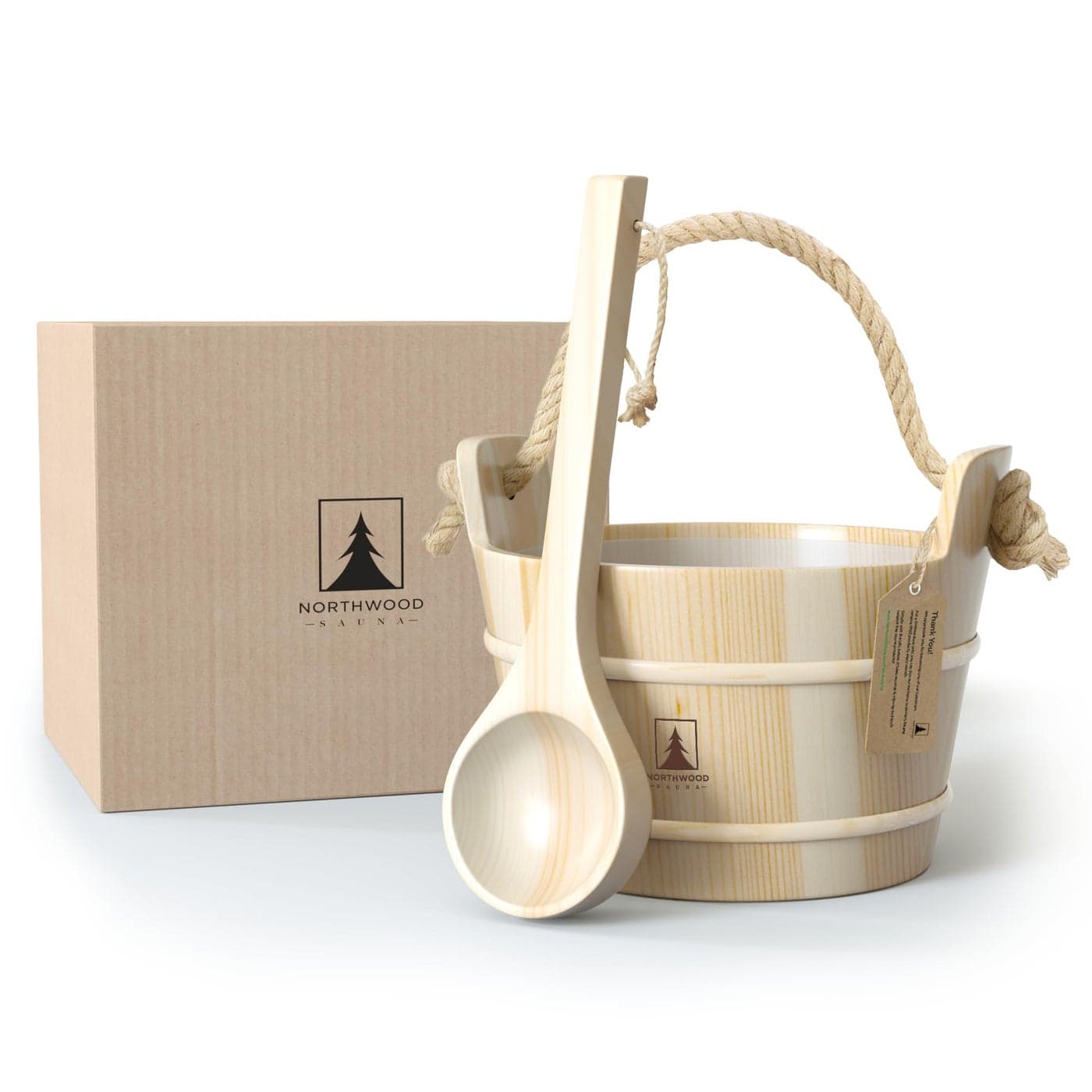 Northwood Sauna Sauna Bucket and Ladle Set Handmade from Finnish Pine Wood Natural Rope Handle 1 Gallon 4 Liters Water Capacity