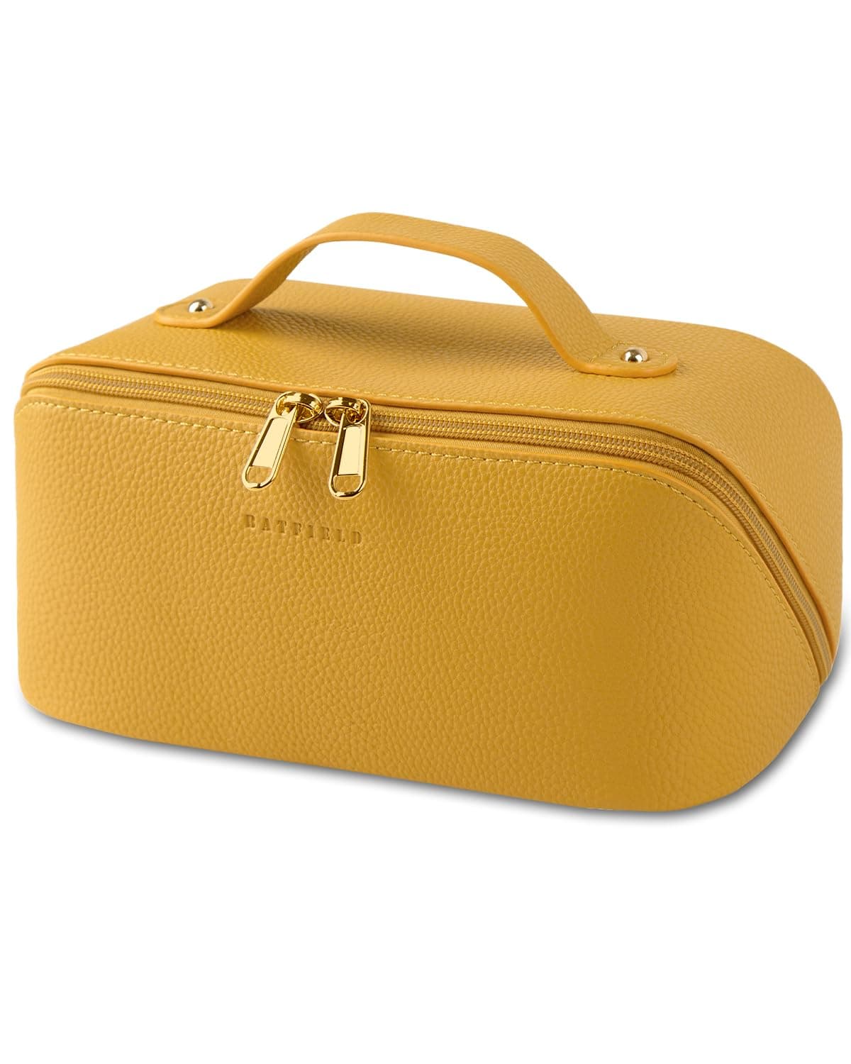 Batfield Cosmetic Bag For Women,Litchi Pu Leather Makeup Pouch For Women,Large Capacity Cosmetic Travel Bag,Portable Makeup Kit Storage Bag With Handle And Divider,Makeup Organizer Bag (Yellow),12 cm