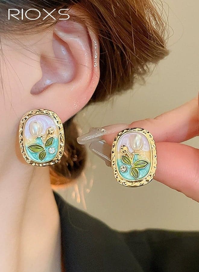 Oil Painting Style Flower Pearl Stud Earrings for Women, Vintage Jardin Monet Earrings, Enamel Drip oil Floral Earrings Party Jewelry for Ladies