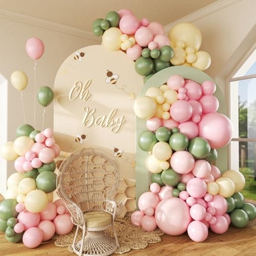146pcs Pink and Yellow Balloon Garland Arch Kit Pastel Pink Light Pink Yellow Sage Green Latex Balloons for Bear Themed Birthday Wedding Baby Shower Party Decorations
