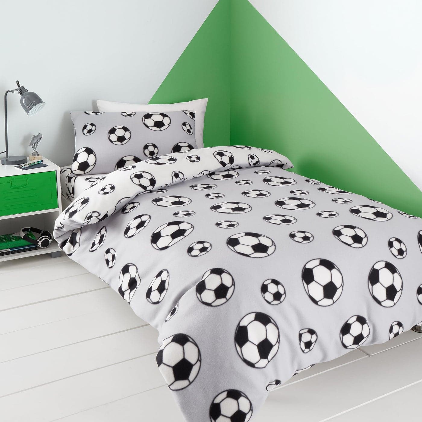 Catherine Lansfield Football Fleece Reversible Single Duvet Cover Set with Pillowcase Grey
