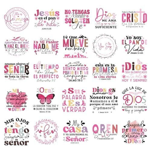 Spanish Bible Iron on Transfers for Tshirts - 25Pcs Falueqg Dtf Transfers Ready to Press, Spanish Inspirational Quotes Iron on Decals Patches, Bible Verse Heat Stickers for DIY Clothes Bags Pillows