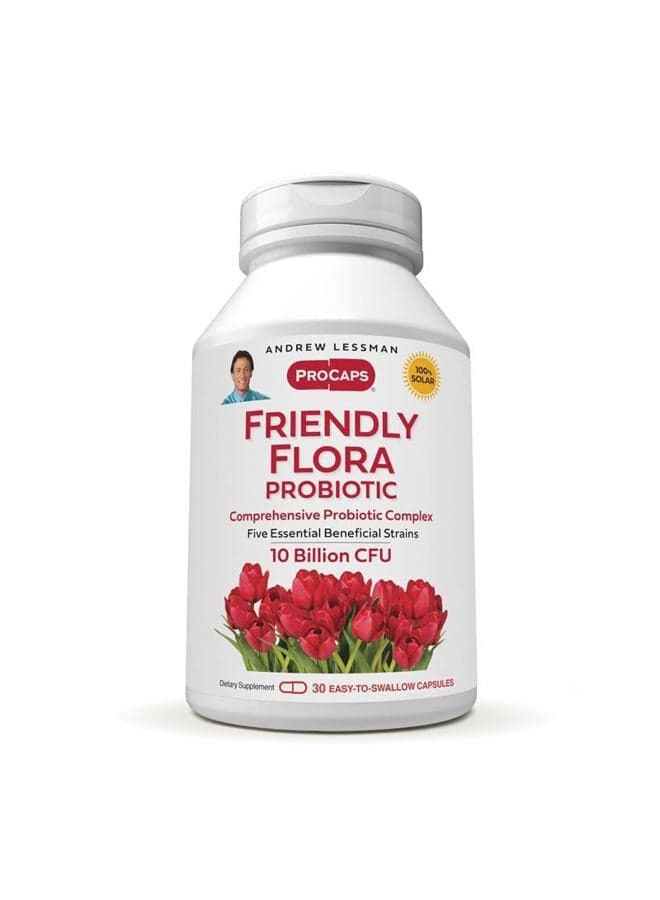 Friendly Flora Probiotic 30 Capsules - 10 Billion CFU, Comprehensive Blend of Five Probiotic Strains, Powerful Immune and Digestive Support. Probiotics for Women or Men