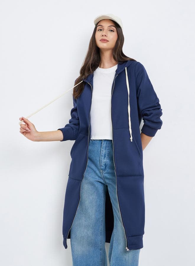 Women Solid Zip Up Pocket Detail Hoodie Jacket