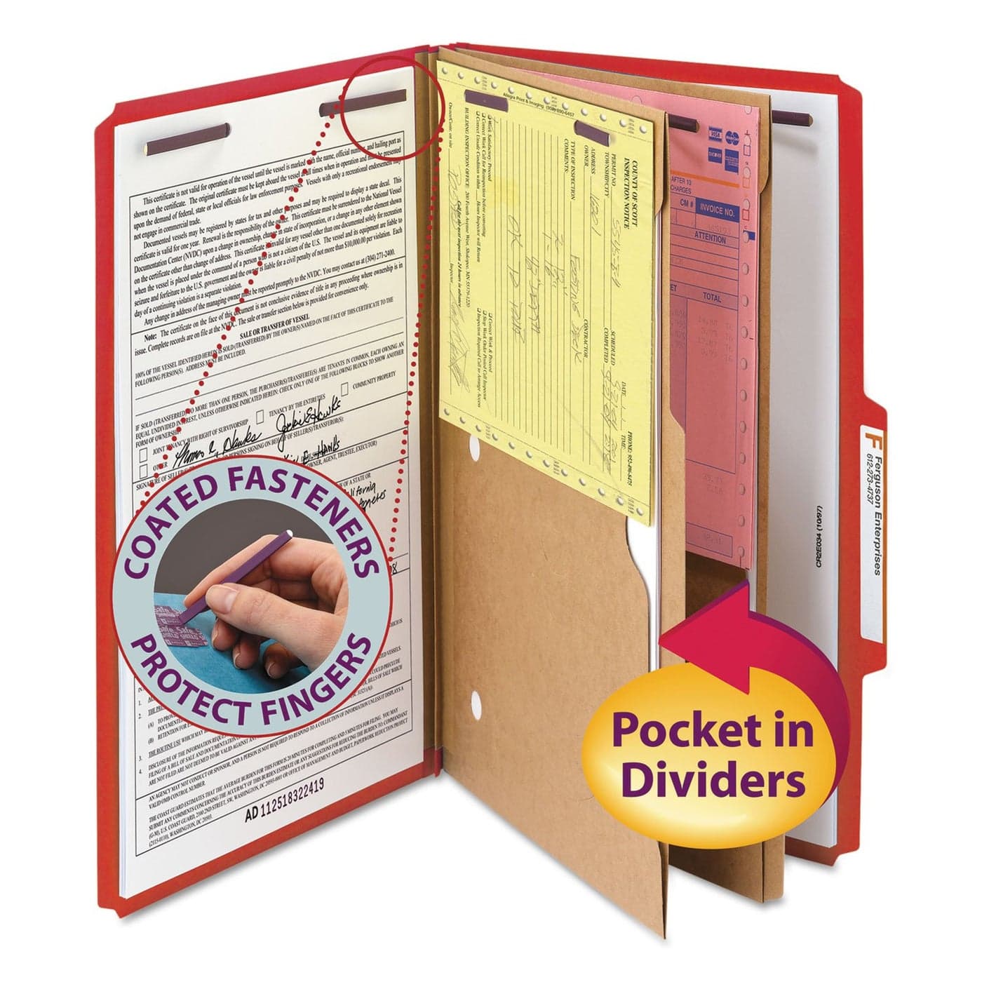 Smead Pressboard Classification File Folder with SafeSHIELD Fasteners 2 Pocket Dividers 2 Expansion Legal Size Bright Red 10 per Box 19082