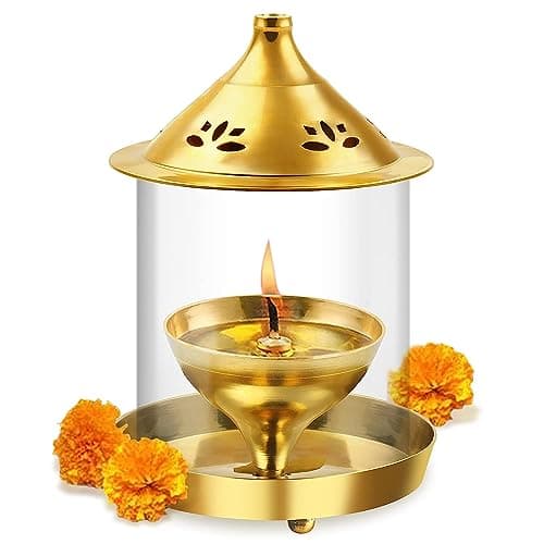 True Decor 7 Inches Akhand Jyoti Diya Large Size Akhand Jyoti Deepam Akhand Diya for Puja Big Size Brass with Borosilicate Glass Cover