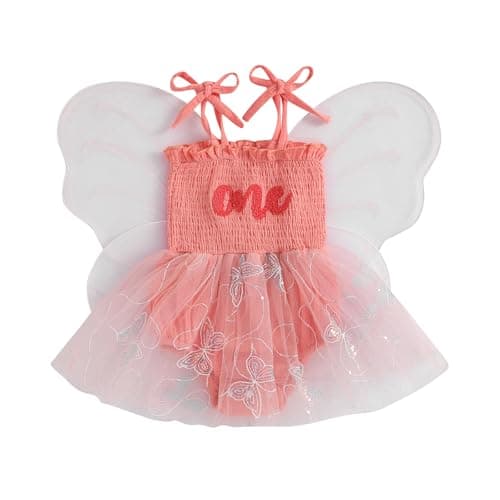 Dcohmch Fairy 1st Birthday Girl Outfit Tieup Tull Romper Dress with Butterfly Wings Cake Smash Photo Shoot Clothes Pink 1218 Months