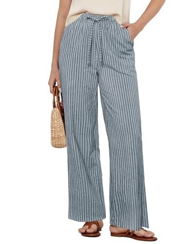 GRAPENT Size 20 Pants for Women Plus Size Wide Leg Pants Woman Linen Blend Pull on Women Linen Wide Leg Womens Light Blue Stripe XX-Large US 20 to 22