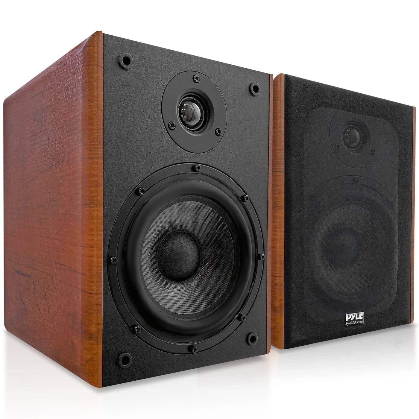 PyleUsa 525 Home Wooden Bookshelf Speakers 200W Max Power 1 Silk Dome Tweeter and Aluminum Voice Coils Pair Gold Plated 5 Way Binding PostRubber SurroundsBeautiful Wood Grain Finish PHQBS52
