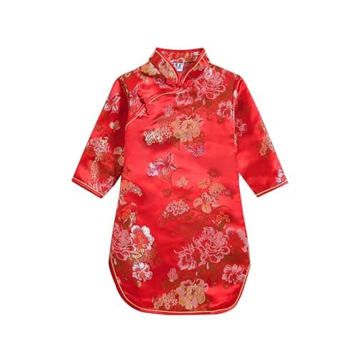 Girls Qipao Peony Long Sleeve Dress Chinese New Year Clothing Chinese Traditional Clothes for Kids Toddler 1-12Y(Red, 1-2 Years)