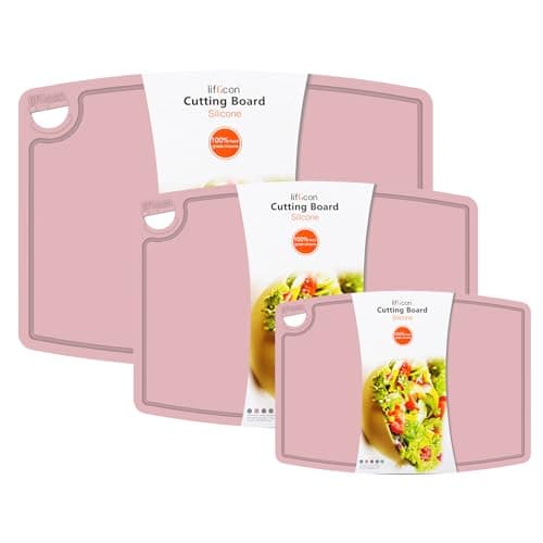 Liflicon Silicone Thick Cutting Boards Mats Set of 3 Foldable & Flexible Design Juice Grooves Easy Grip Handle Dishwasher Safe for Kitchen,BPA free Silicone Cutting Board-Soft Pink