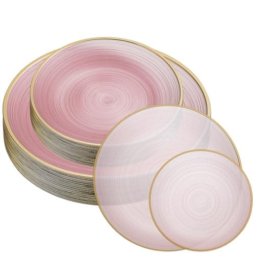 PLASTICPRO 64 Pieces Crystal Design Plastic Plates Combo Pack 7 inch and 10 inch Gold Rim Elegant Disposable Plates, Transparent Pink