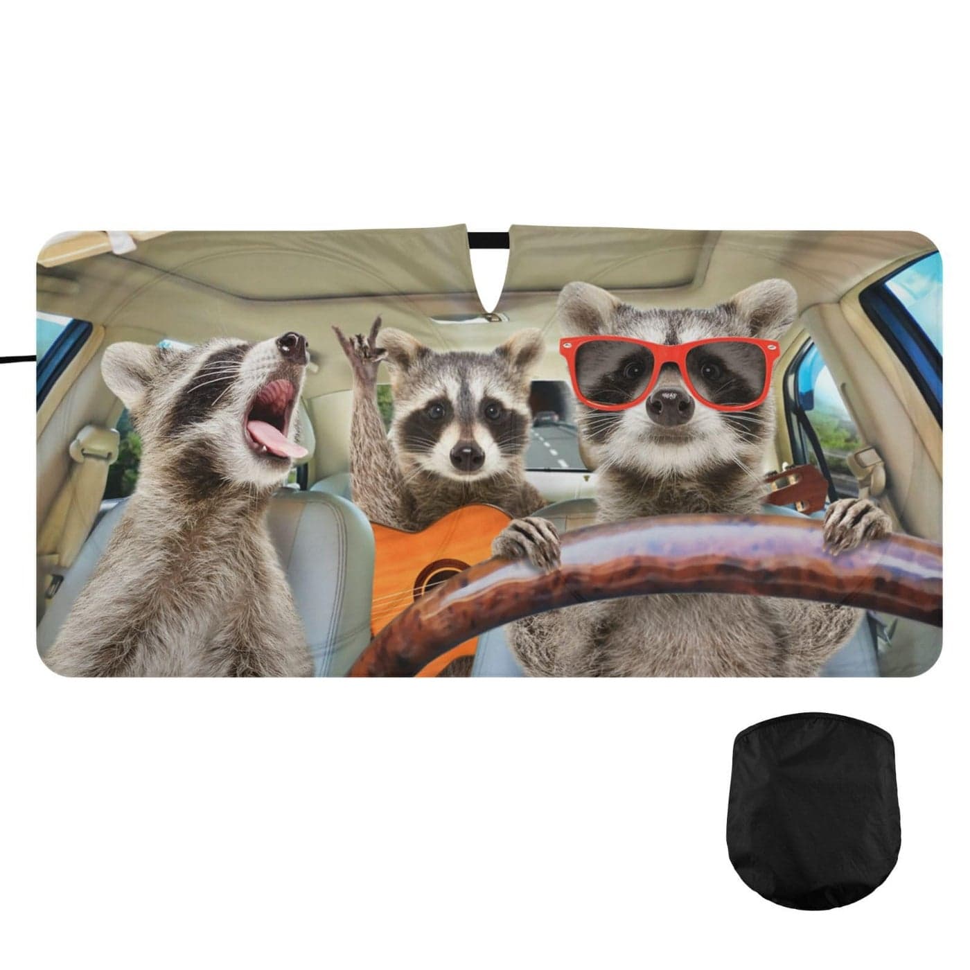 Oarencol Funny Raccoon Driving Windshield Sun Shade Animal Car Front Window Sunshade for Auto Truck SUV Sun Shield That Keeps Your Vehicle Cool Foldable Storage Bag 62 x 32 in
