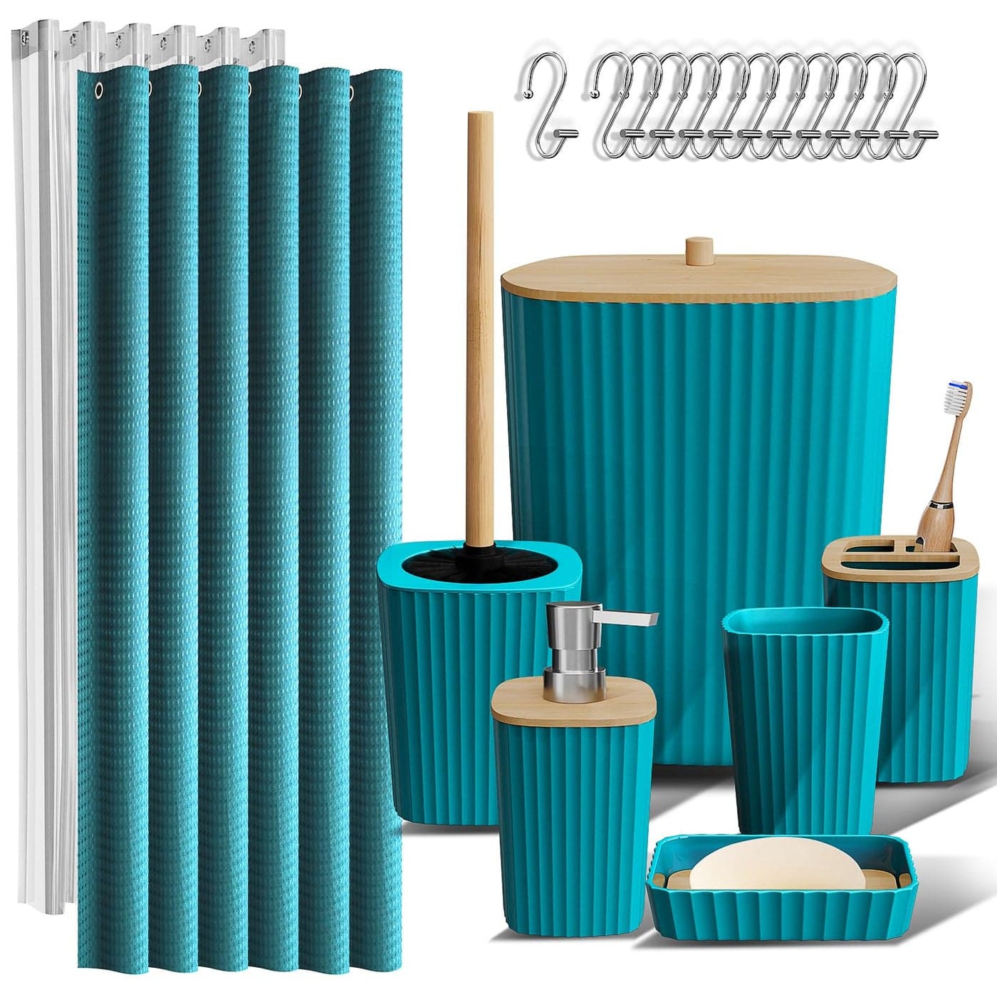 Clara Clark Bathroom Accessories Set Bathroom Set Bathroom Accessory Set Shower Curtain Set Toilet Brush Trash Can Soap Dispenser Teal 20PC