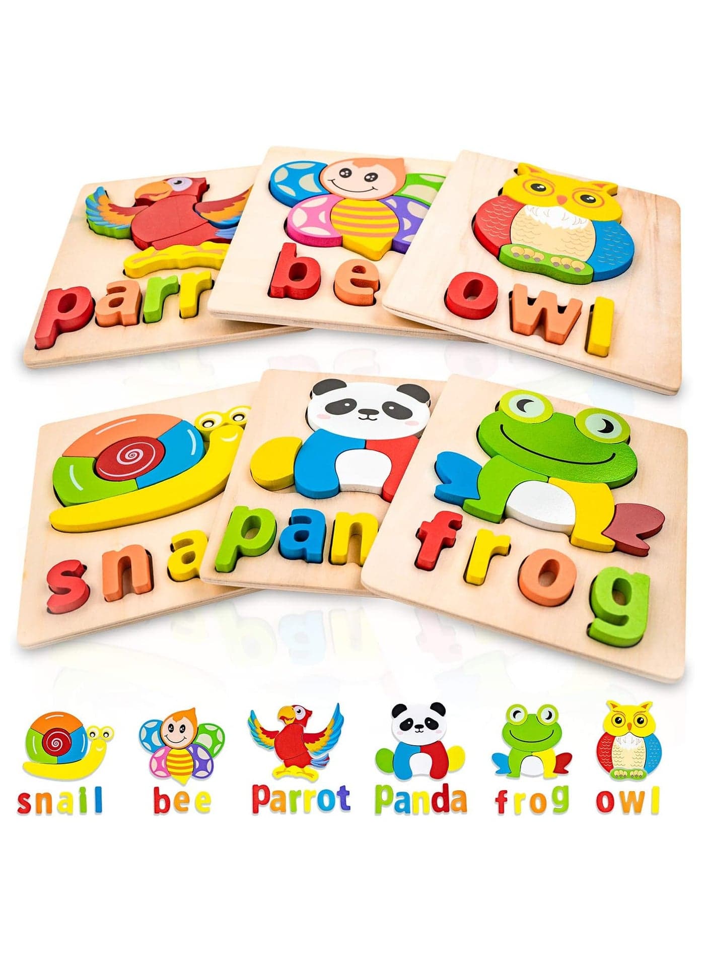 Wooden Puzzle, Children's Toys, Puzzles for Boys and Girls Aged 1, 2, And 3, Montessori Toys, Eco-Friendly Children's Toys, Animal Shaped Letter Spelling Puzzles, Preschool Learning Toys (6 Packs)