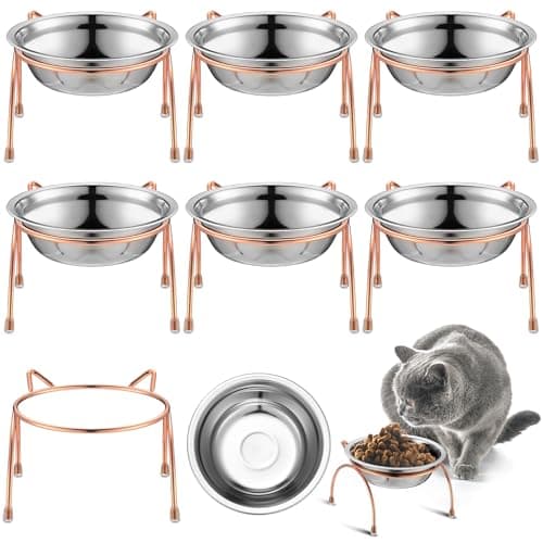 Yiyiring 6 Sets Stainless Steel Elevated Cat Bowls 55 Inch Wide Raised Cat Bowls with Metal Stand Stress Free Elevated Shallow Water Dish Indoor Kitten Feeding Dish to Prevent Fatigue 12 oz