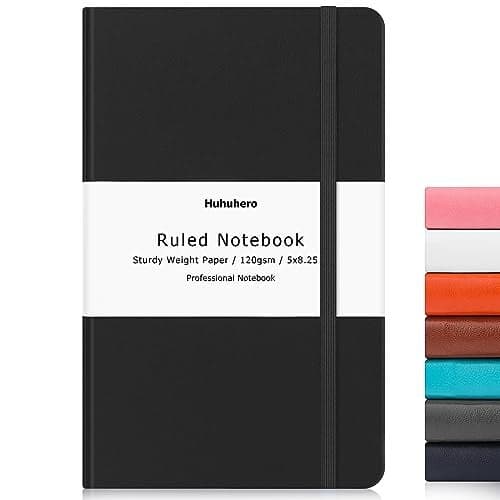 Huhuhero Lined Journal Notebooks for Work, Hardcover Leather Journals for Writing Women Men, 120Gsm Thick Paper College Ruled Notebook, Office School Supplies, 5.25"×8.25" (1, Matte Black)