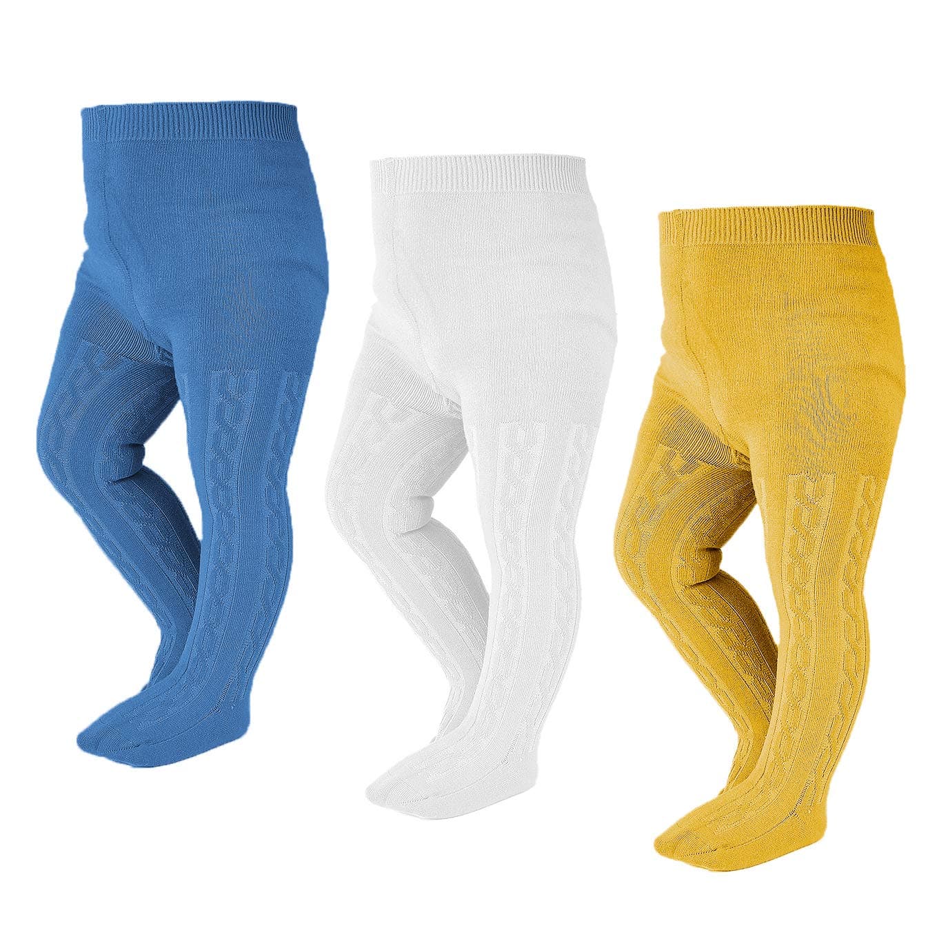 EPEIUS Little Girl Tights Toddler Baby Girl Seamless Cable Knit Leggings Thick Solid Cotton Stockings Footed Pants for 24 Years 3 Pair PackWhiteBlueYellow