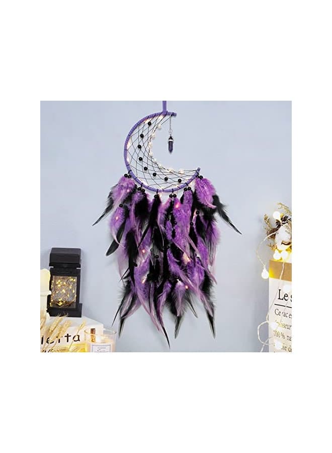 Dremisland Moon Dream Catcher with Fairy Lights-Handmade Colorful Feather Lucky Turquoise Pendant Beads Wall Hanging Ornament for Kids Bedroom Home Decoration,Art Craft Gift. (Purple&Black)