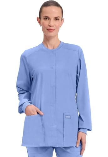 Cherokee Scrub for Women Snap Front Jacket with 3 Pockets, Fade Resistant, 2-Way Stretch, Soft & Durable Fabric - WW340, L, Ciel
