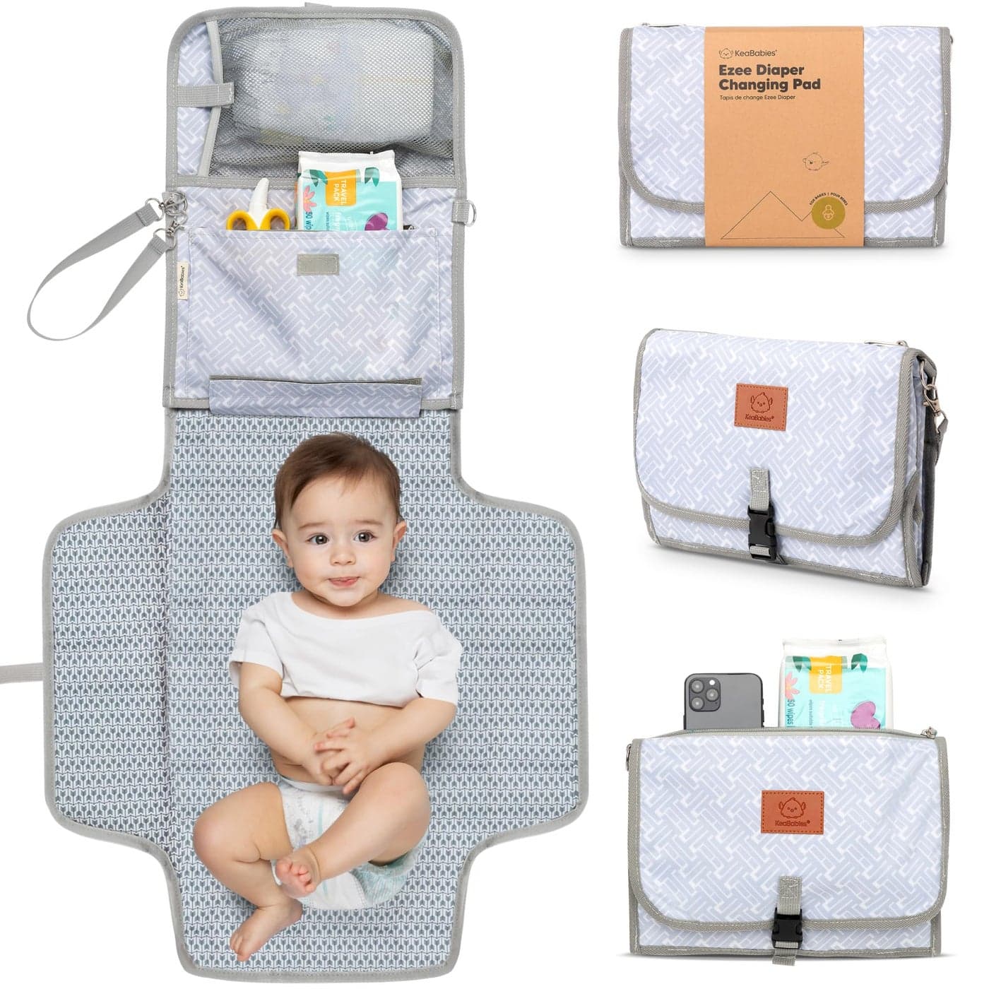KeaBabies Portable Diaper Changing Pad Large Waterproof Baby Changing Mat Compact Travel Diaper Clutch Functional Pockets Fit Newborn Essentials Wipeable Padded Baby Changer Gray Mod