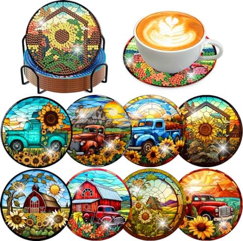 Meothan 8 Pcs Fall Diamond Art Coasters Kits for Adults Flowers Diamond Painting Coaster Kits for Adults with Holder Cork Pads DIY Sunflower Truck Diamond Dots Coasters Set for Beginners 4x4in