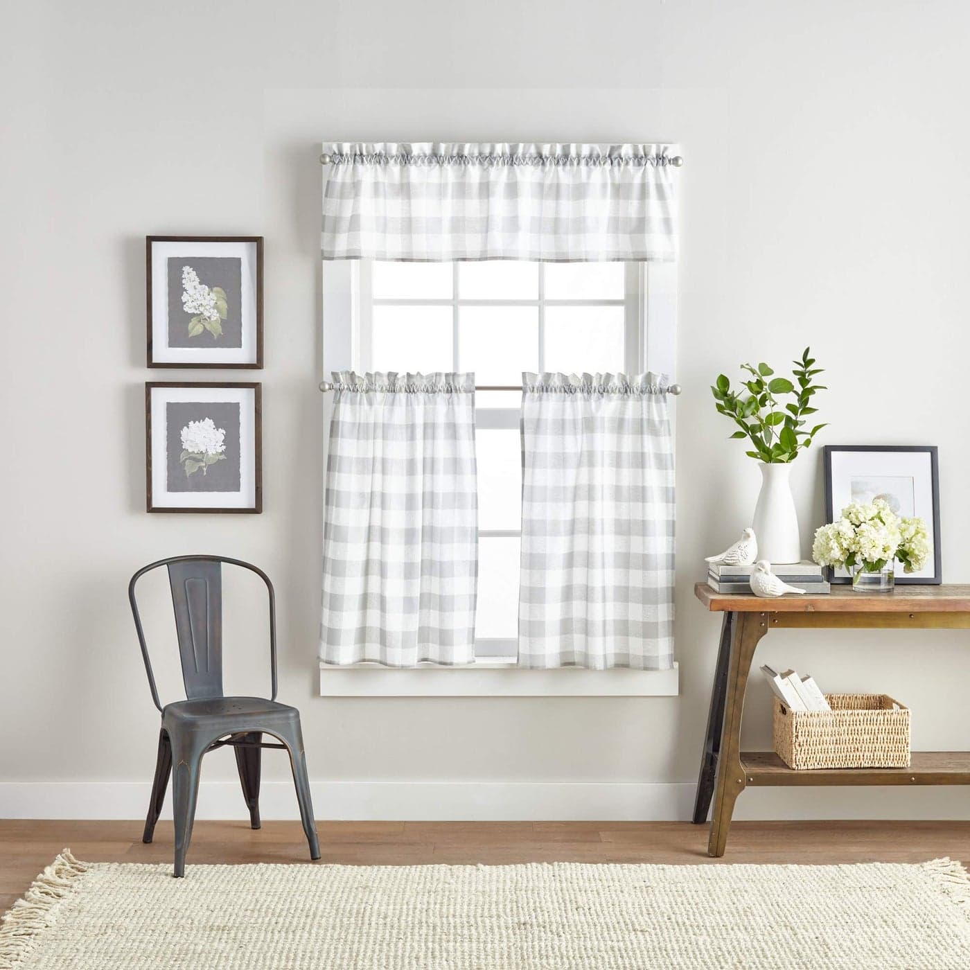 Curtainworks Country Modern Rustic Farmhouse Buffalo Check Kitchen Curtains Window Valance and Cafe Tiers 3Piece Set 36inch Grey White