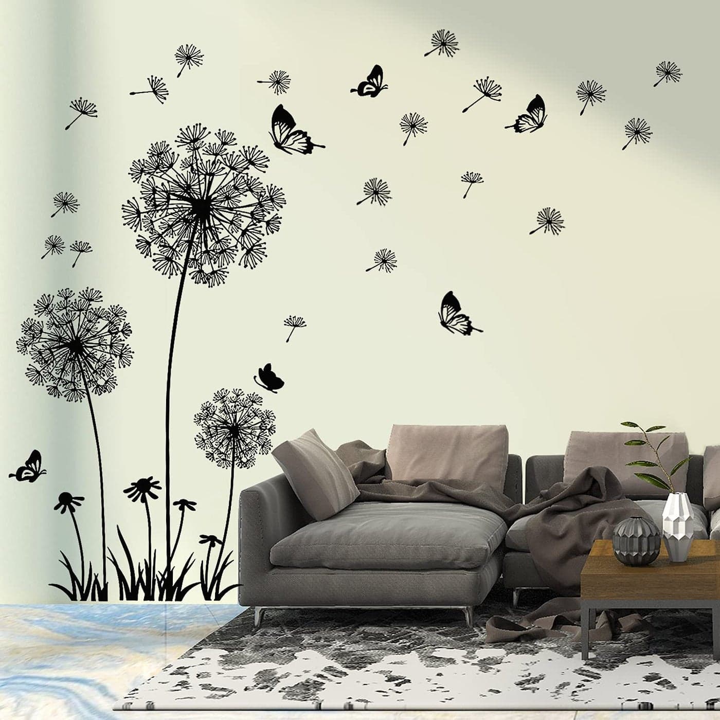 SYWHXY Black Dandelion Wall Stickers Flower Butterflies Flying Wall Decal Removable Wall Art Stickers for Bedroom Living Room Sofa Backdrop TV Wall Decoration