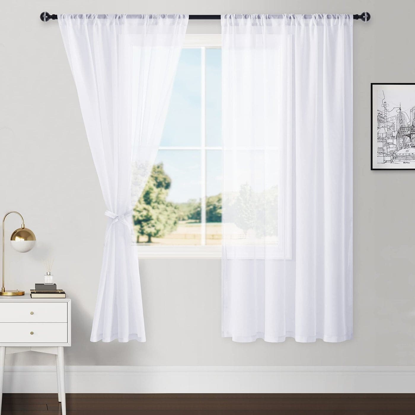 Hiasan White Sheer Curtains for Bedroom with Tiebacks Lightweight Airy Breathable Voile Drapes Light Filtering Rod Pocket Window Curtains for Living Room Nursery W52 x L72 2 Soft Panels
