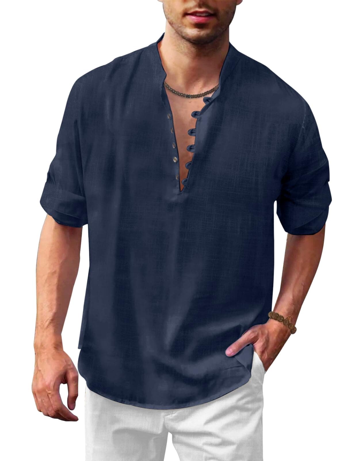 FINIVO FASHION Men's Solid Cotton Blend Straight Kurta Shirt, Regular Fit Full Sleeve Short Kurta Shirt Navy