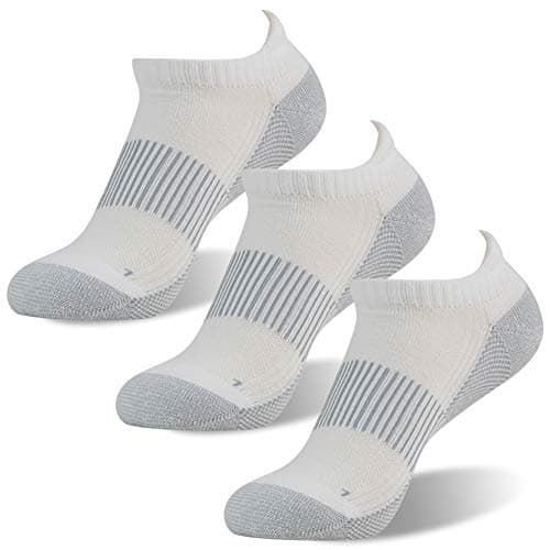 FOOTPLUS Fitness Tennis Running Socks,Men Women Copper Arch Support Compression Ankle Golf Odor Free Gym Travel Hiking Cushioned Sole No Stinky Feet Work Socks,3 Pairs White, Large