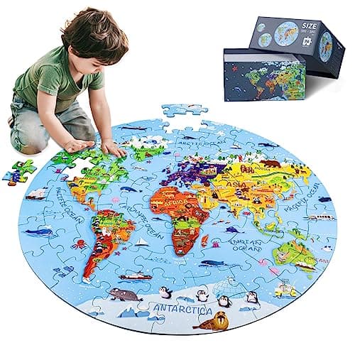 DIGOBAY World Map Jigsaw Puzzle for Kids 48 70 Piece Large Round Floor Puzzles for Kids Ages Toddler Puzzle Globe Geography Games Educational Toys Birthday for Children