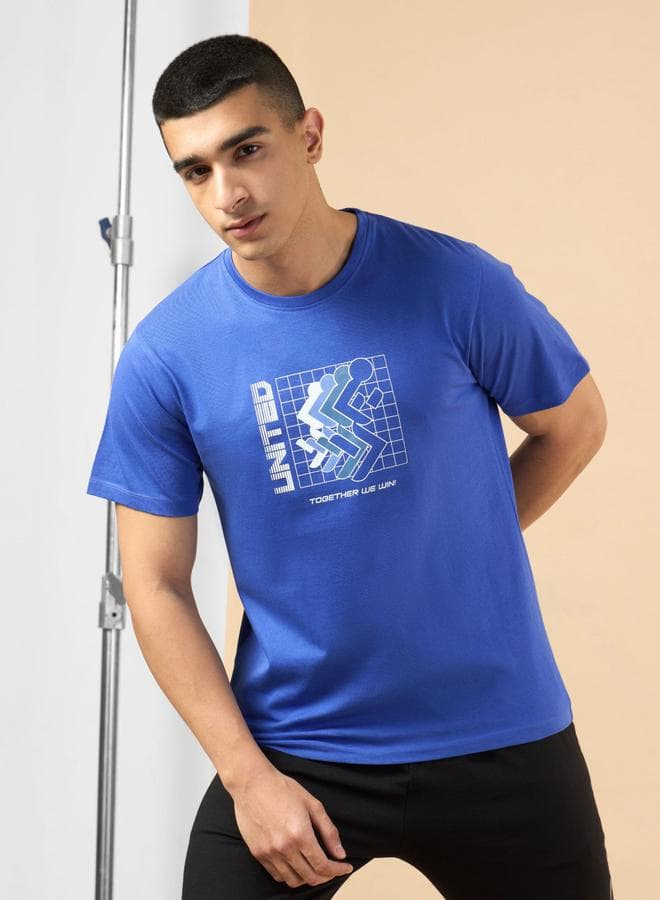 Men Blue Marathon Graphic Print Short Sleeve T-Shirt
