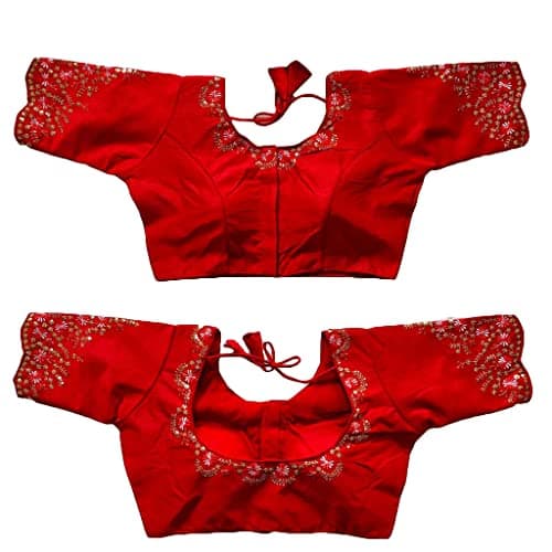 Pujia Mills Women's Silk Embroidery Sequence Work Half Sleeve Readymade Blouse (Red, 38)