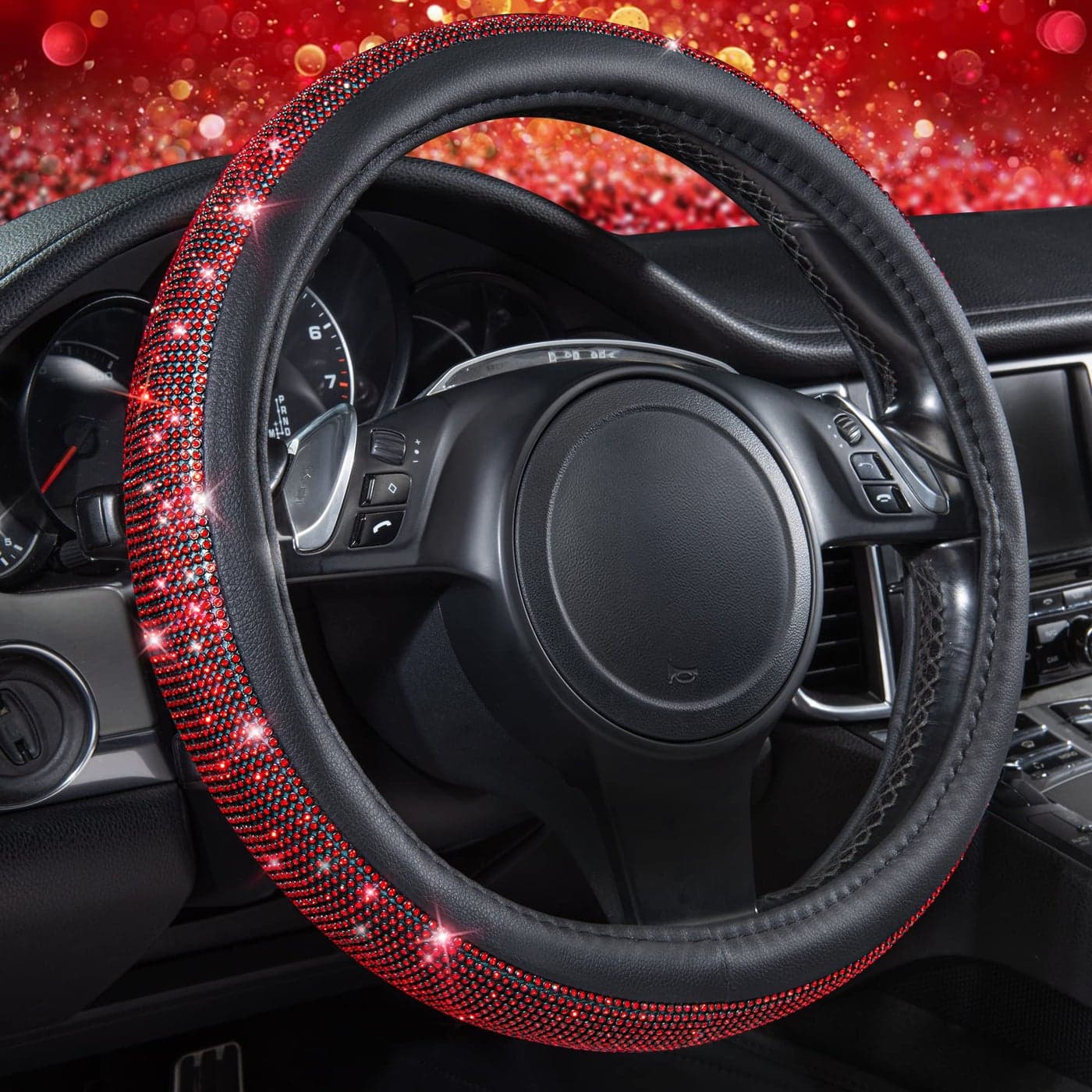 CAR PASS Red Diamond Black Leather Steering Wheel Cover with Bling Crystal Rhinestones Universal Fit 14 1215 Crystal Glitter for Women Sparkle Girl Fit SuvsVansSedansCarsTrucks Red Diamond