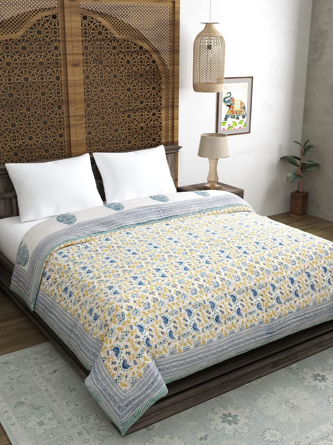 BLOCKS OF INDIA Hand Block Printed 200 TC Cotton King Size Quilt 90 Inch X 108 Inch Blue Jaal