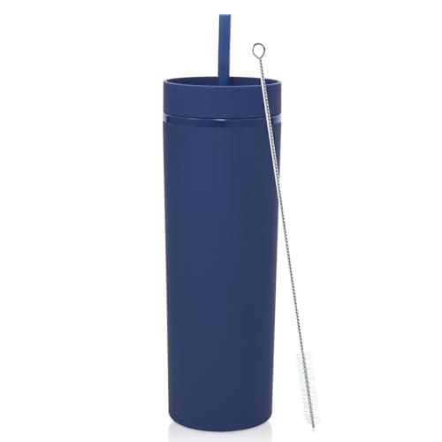 Volhoply 20oz Plastic Skinny Tumbler,Double Wall Tumblers with Lid and Straw,Reusable Travel Iced Coffee Mug,BPA Free Matte Acrylic Water Cups With Straw for Parties,DIY Gifts(Navy, 1 Set