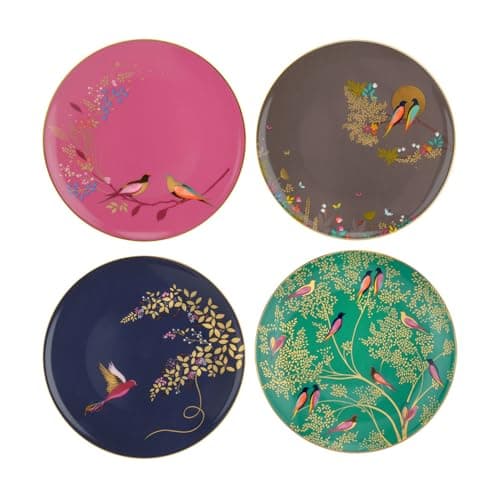 Portmeirion Sara Miller Chelsea Cake Plate, Set of 4-8 Inch Fine China with Jewel-Toned Birds and Leaves & Gold Rim Accents - Elegant Dessert Plates for High Tea Tableware & Hostess Gift